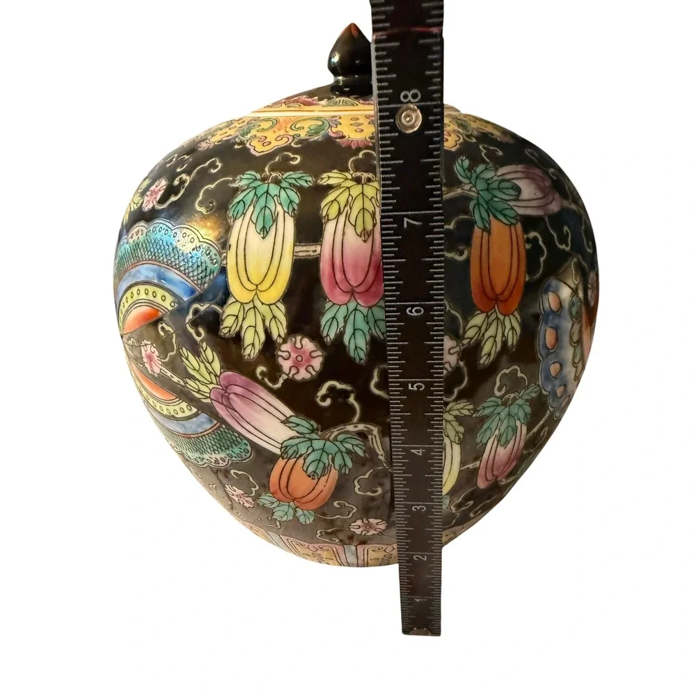 Vintage Black Famille Noire Chinese Porcelain Ginger Jar Celestial Moth 8.5in